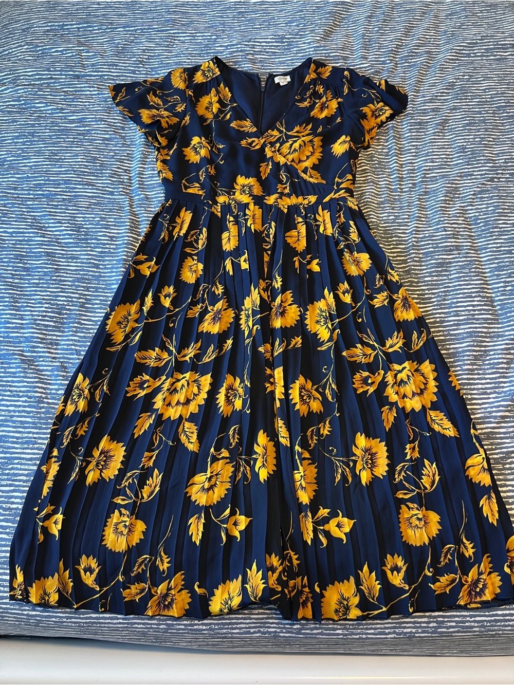 J. Crew Navy Floral Midi Dress with Yellow Bloom Print